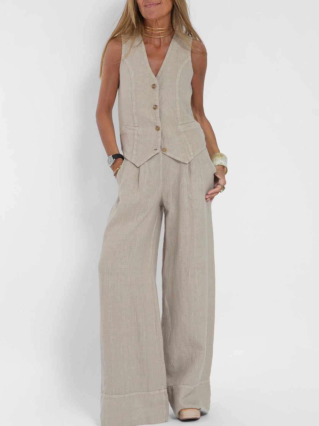 Elegante Mouwloze Linnen Set met V-Hals Gilet en Hoge Taille Flared Broek voor Dames 0