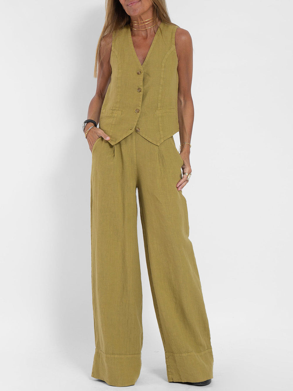 Elegante Mouwloze Linnen Set met V-Hals Gilet en Hoge Taille Flared Broek voor Dames 1