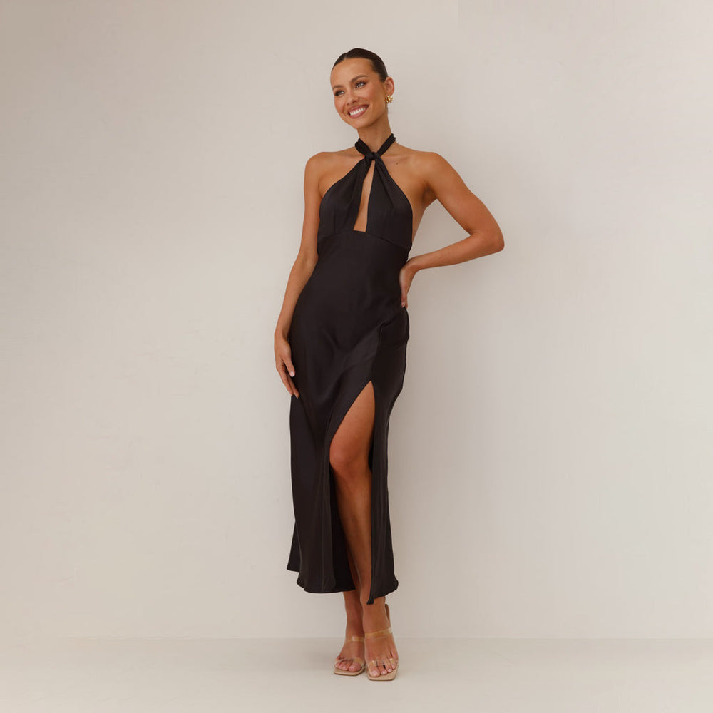 Satijnen Maxi Halterjurk met Split voor Dames – Elegante Lange Jurk voor Feestelijke Gelegenheden 1